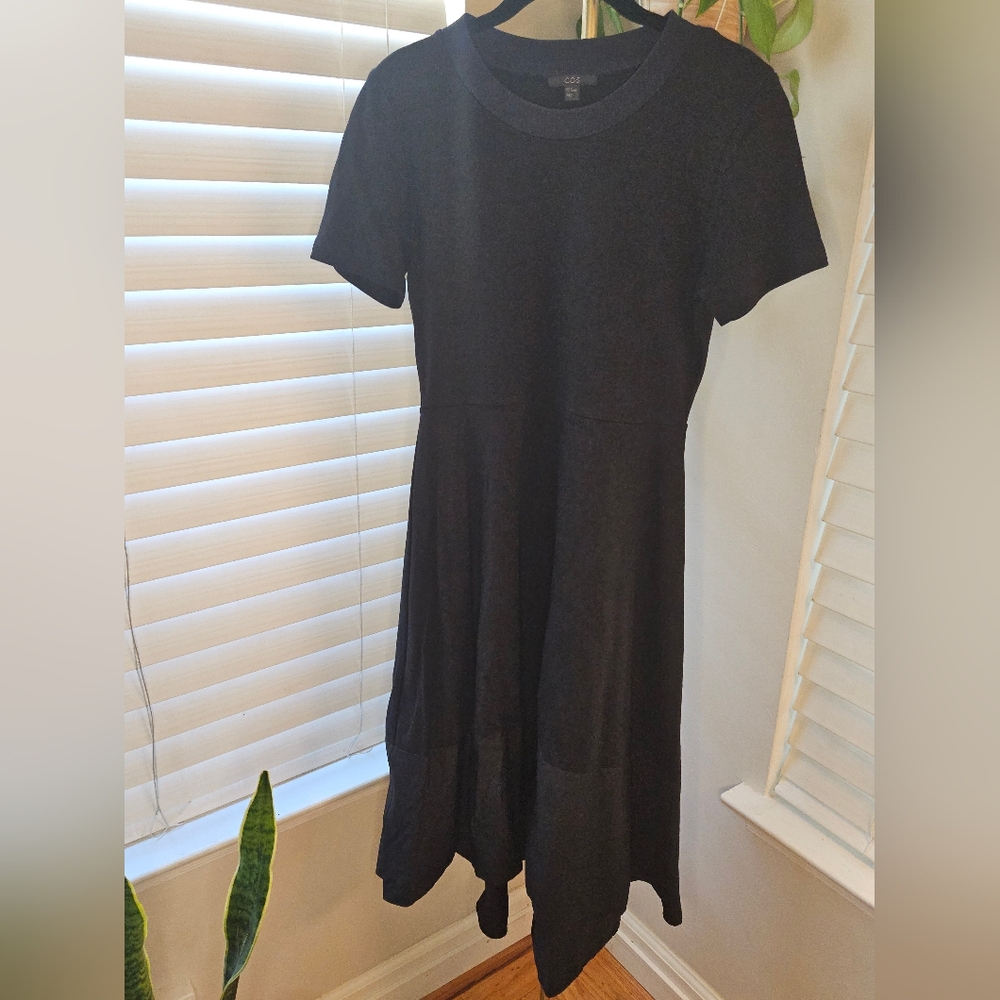 COS Paneled Black Jersey Midi Dress with Navy Trim